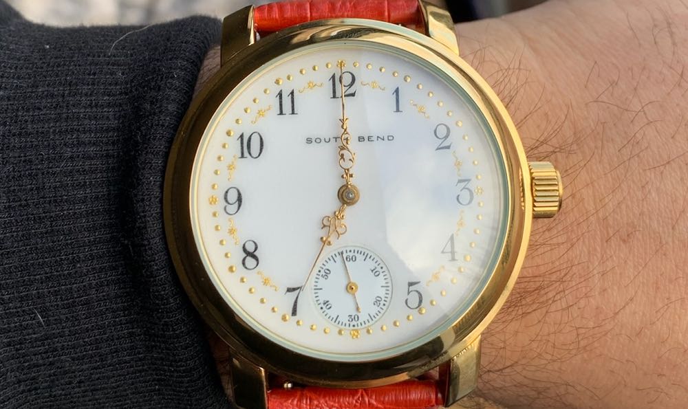 A South Bend Watch Company pocket watch converted to wrist watch on Nicholas Fish's wrist