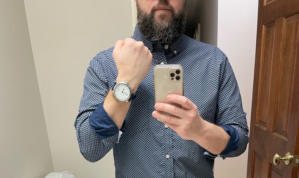 John Nunemaker wearing 1912 South Bend Watch Company Grade 212 Dial in a blue shirt