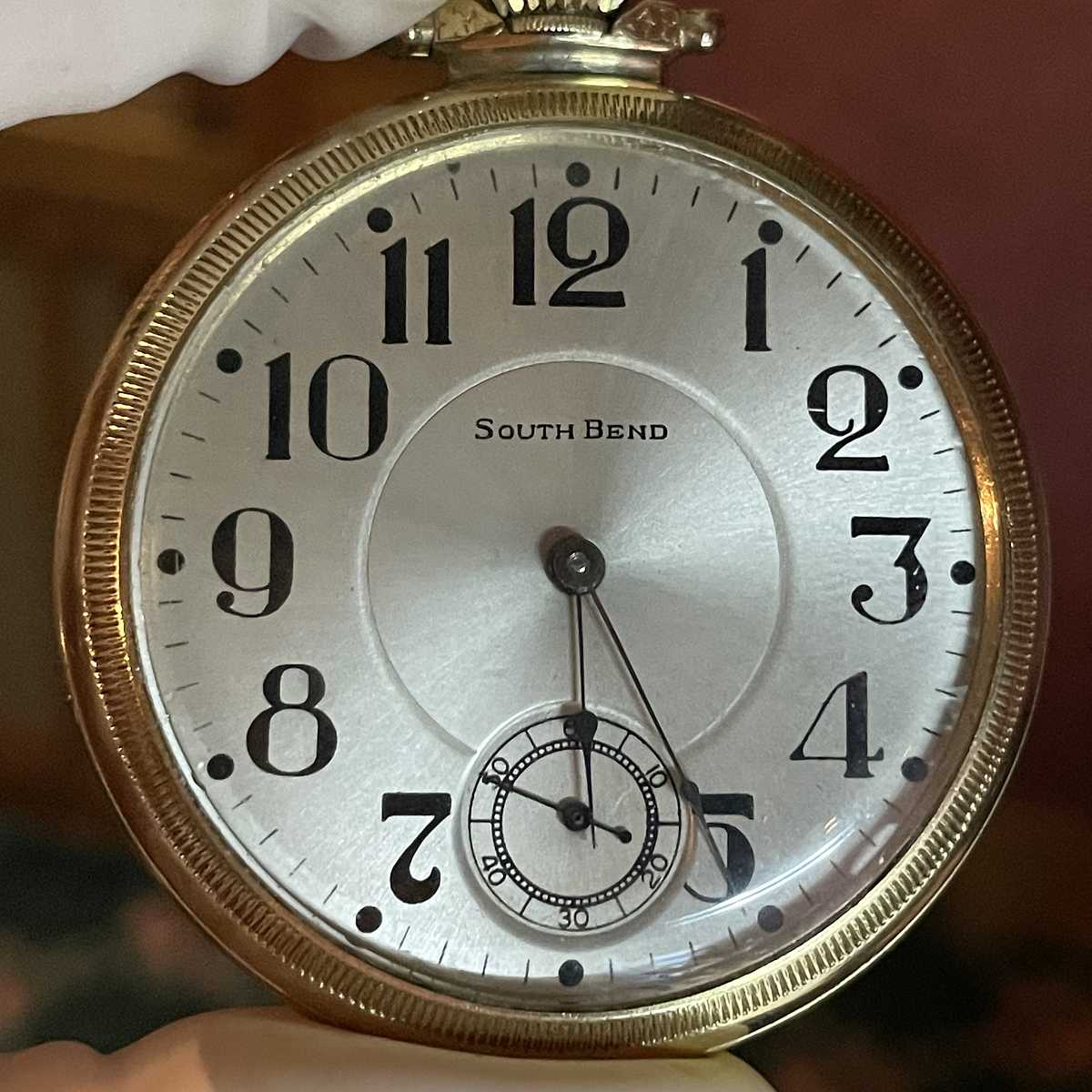 1928 South Bend Watch Grade 211 Gold shimmery dial in pocket watch case