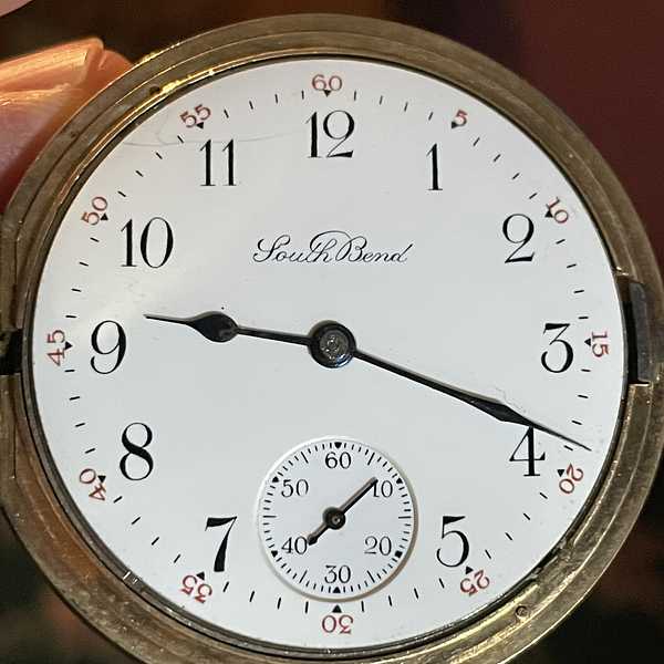 1908 South Bend Watch Grade 290 Simple white, black and red dial with a scripty South Bend